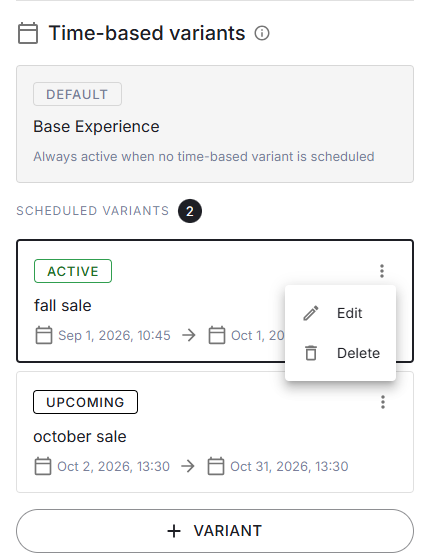 The menu on a time-based variant card