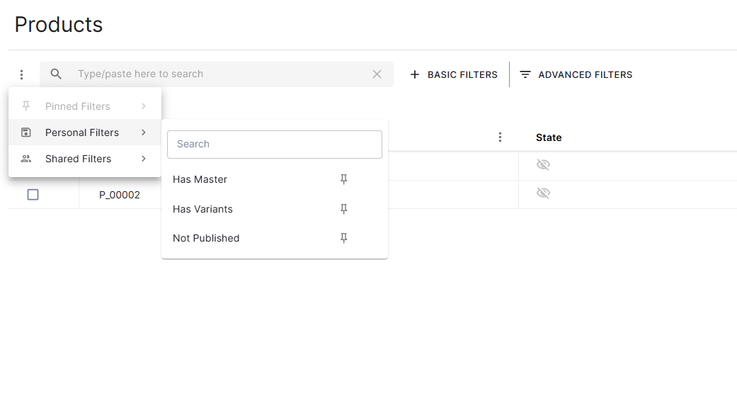 Saved product filter menu list