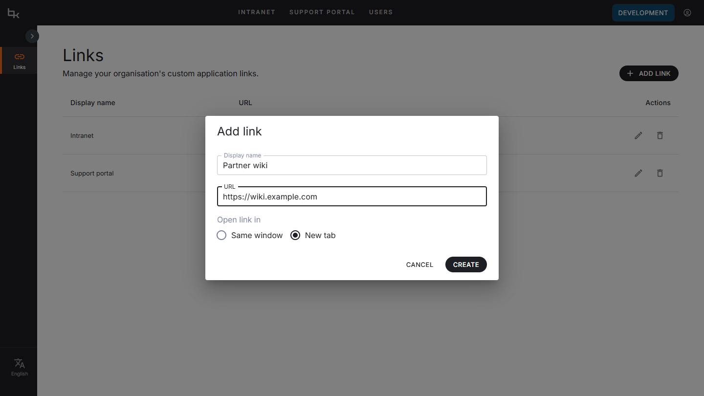 The Add link dialog with the display name Partner wiki, the URL https://wiki.example.com, and New tab selected