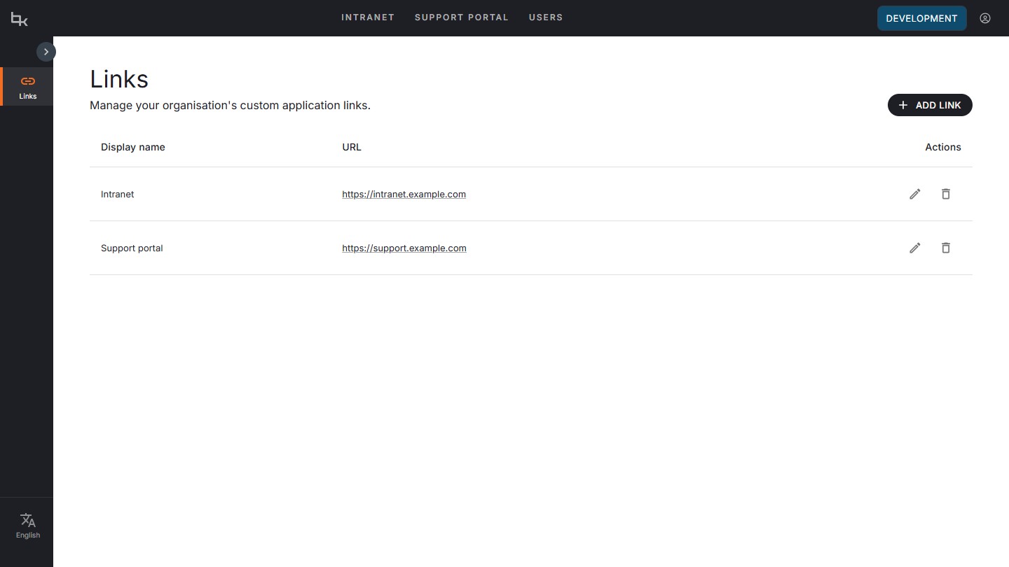 The Links page listing the custom links Intranet and Support portal, which also appear at the start of the header